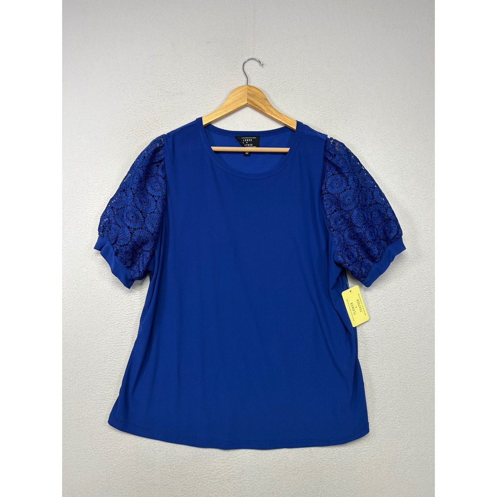 Boho Chic Flower & Feather Womens 3XL Royal Blue Lace Puff Sleeve Blouse